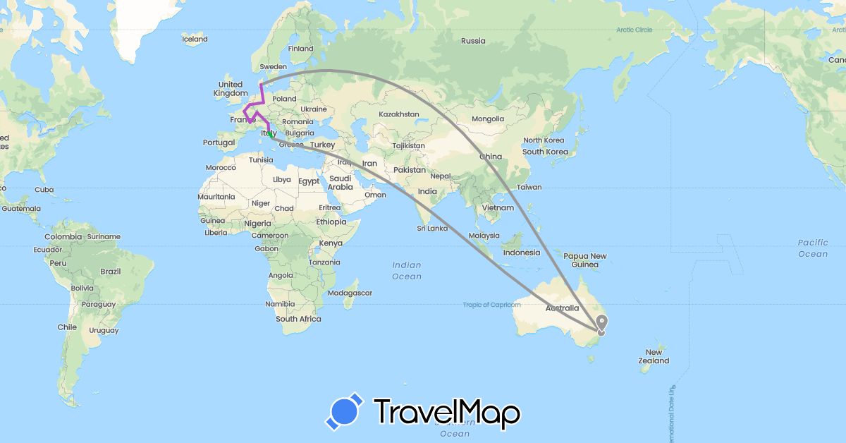 TravelMap itinerary: driving, bus, plane, train in Australia, Belgium, Germany, Denmark, France, Greece, Italy (Europe, Oceania)