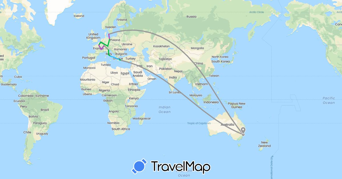 TravelMap itinerary: driving, bus, plane, train, boat in Australia, Belgium, Germany, Denmark, France, Greece, Italy (Europe, Oceania)
